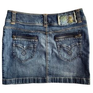 Esprit Y2K Denim‎ Mini Skirt with embroidery and zip pockets size 10 Medium Wash
